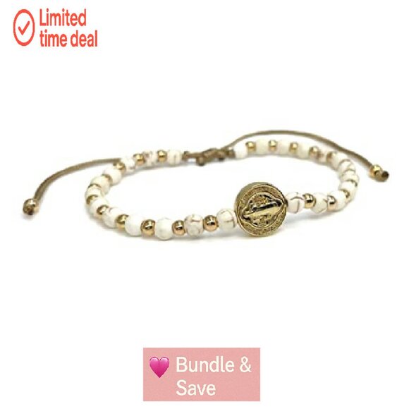 Adjustable Saint Benedict Coin Beaded Bracelet Gold Plated Spiritual - Picture 6 of 8